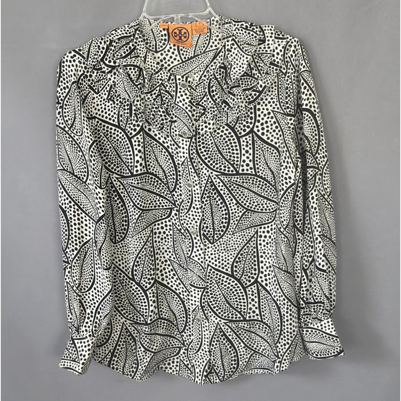 Tory Burch Tops - Tory Burch Blouse Womens 6 Silk Top Ruffle Long Sleeve Black White Dot Print